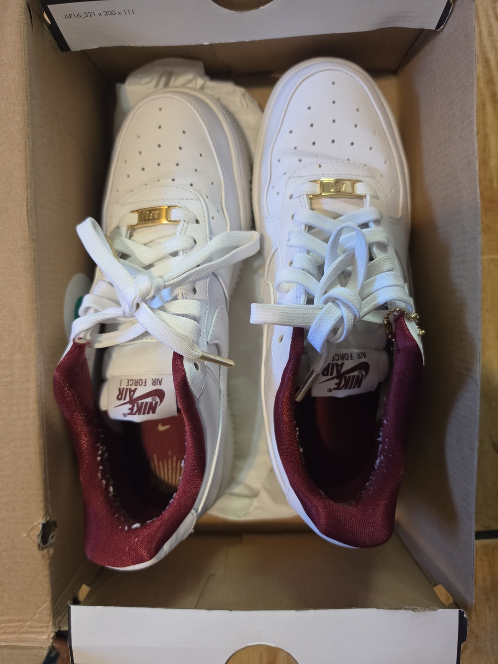 Size 8 Nike Women's Air Force 1 Low White with Burgundy Accent